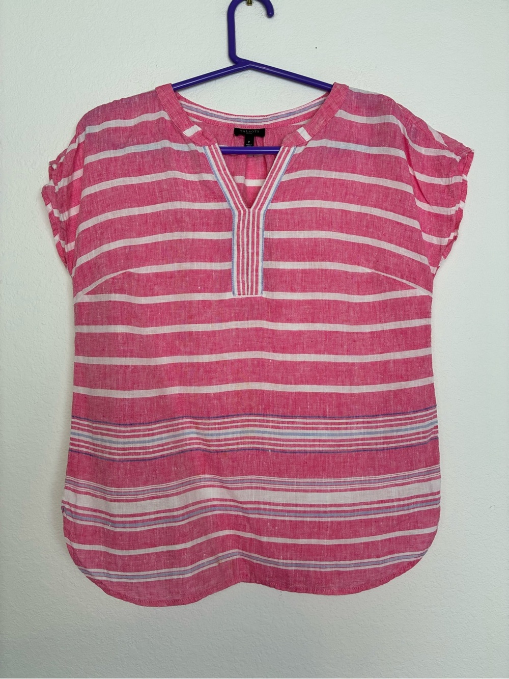 Pure Linen Boxy V Neck Striped Pink Cap Sleeve Shirt Oversized